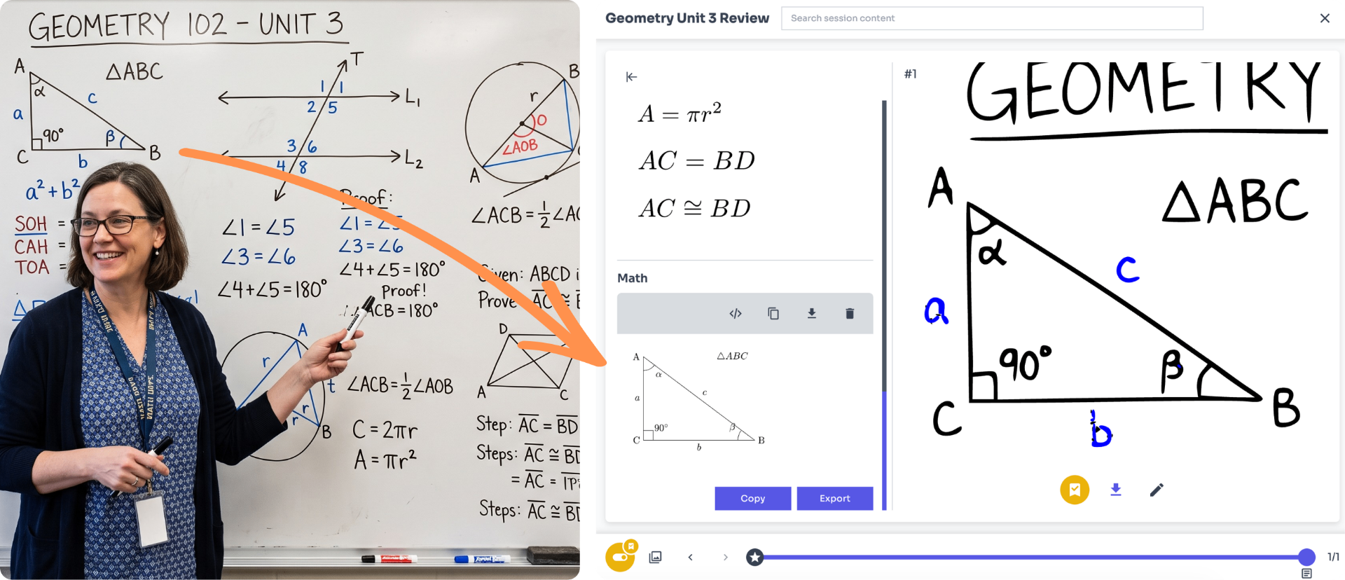 ShareTheBoard turns a handwritten geometry lesson into a clean, digital, searchable version in real time.